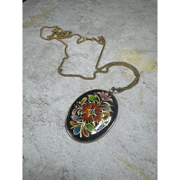 Vintage Cloisonne Style Floral Necklace with Gold Tone Chain. - Picture 1 of 7